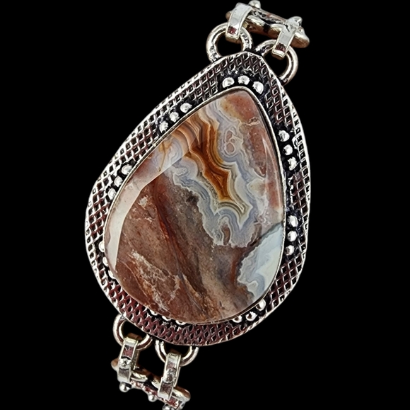 Agate gemstone bracelet silver chunky statement artisan crazy lace agate J30 - Picture 10 of 15